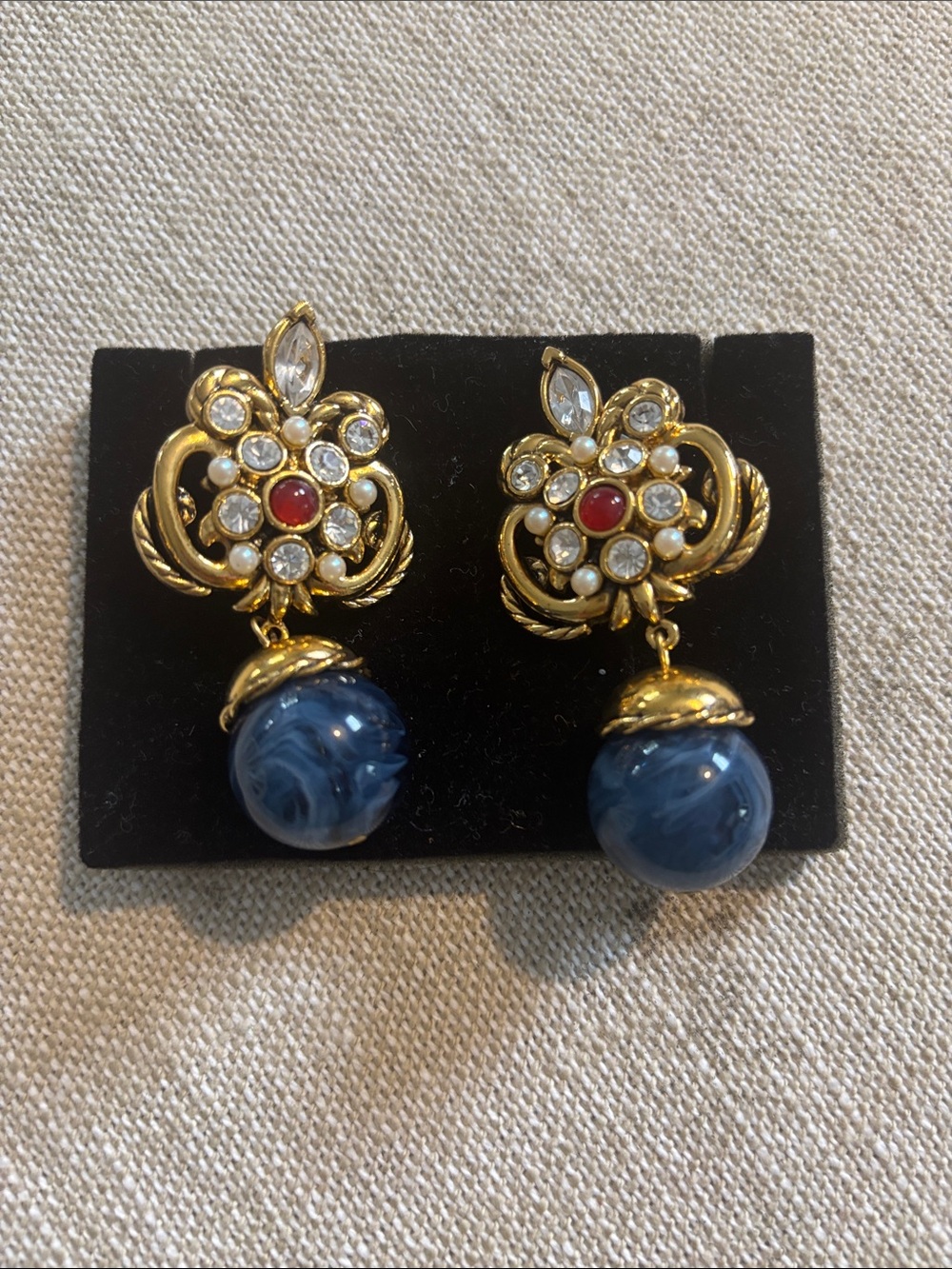 Gold Clip Floral Crystal Drop Earrings with Blue Marbled Spheres